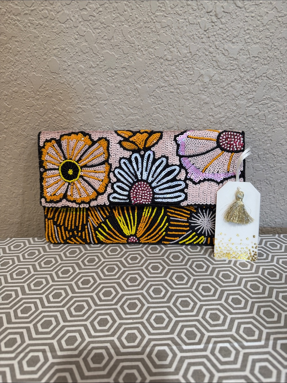 2 Chic Beaded Floral Envelope Clutch in Pink, Yellow & Black